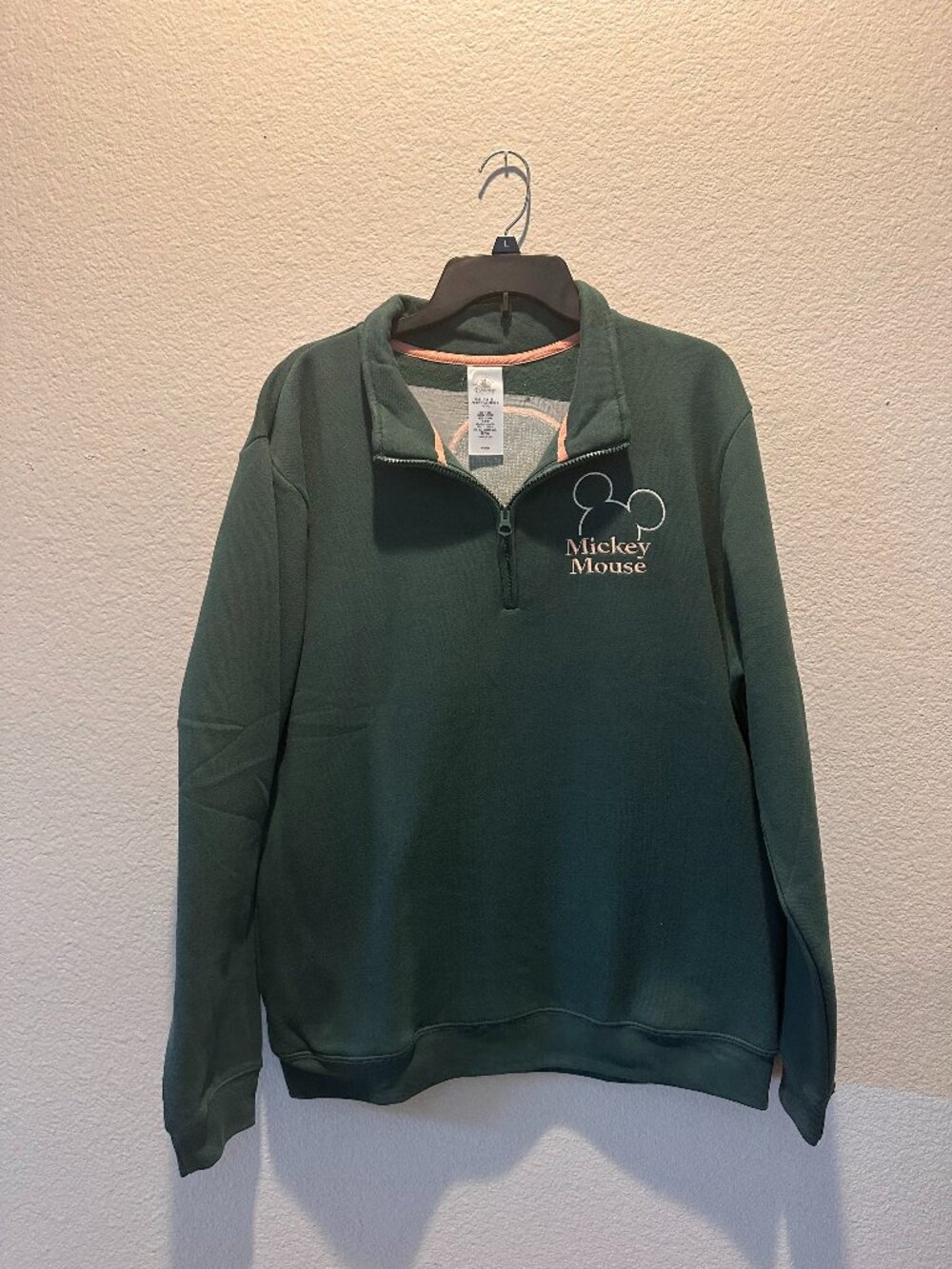 Disney Mickey Mouse Quarter Zip Embroidered Chenille Graphic Green Sweatshirt L